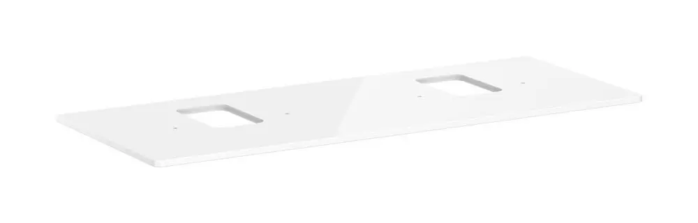 Weiße Konsole von Hansgrohe mit zwei Ausschnitten, geeignet für einen Aufsatzwaschtisch. Flache Oberfläche, schlichtes Design.